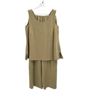 ASIATICA Olive Green Lagenlook 2 Piece Set Silk Tank & Wide Leg Pants Size 18